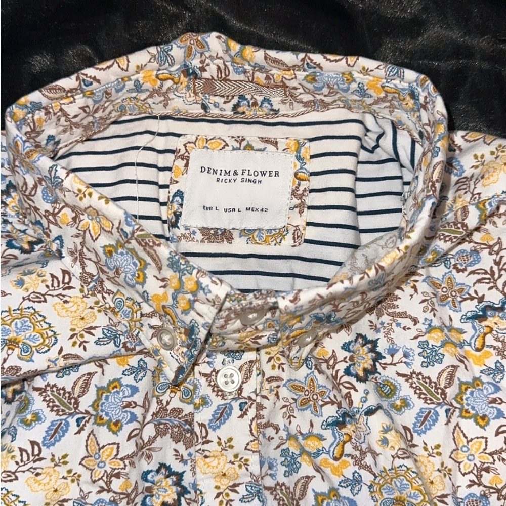 Denim & Flower Casual Button Down Blue and Brown Shirt